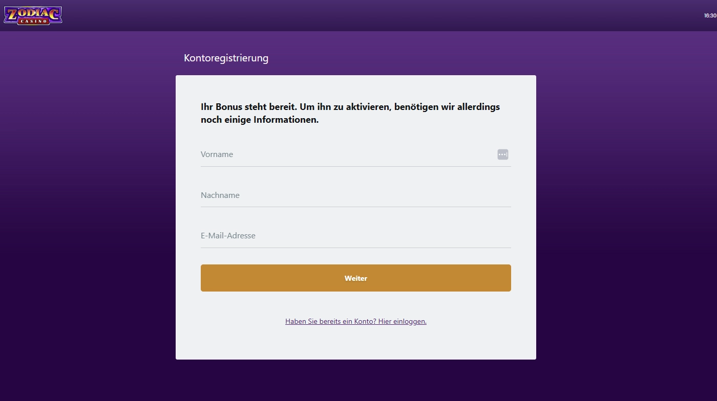 Illustration des Registrierungsablaufs bei Zodiac Casino